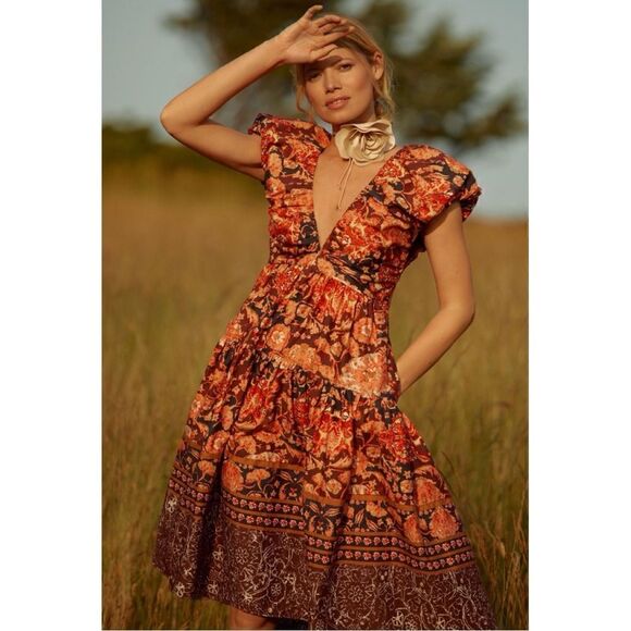 NEW By Anthropologie Deep V-Neck Puff Sleeve Bow Tie Back Babydoll Dress Size 2 - Picture 6 of 6